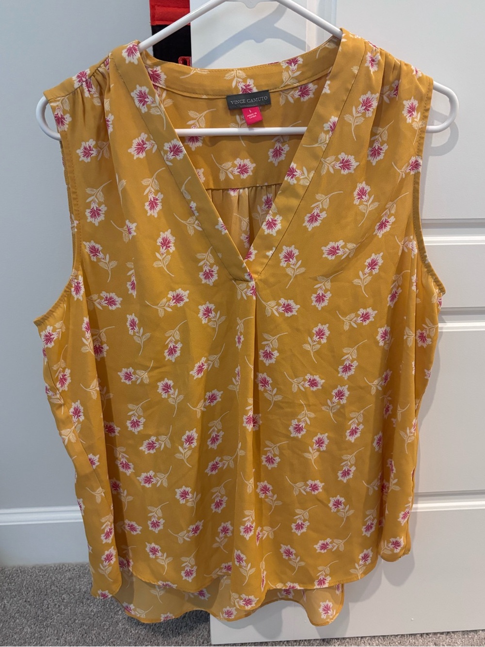 Vince Camuto Mustard Yellow Floral V-Neck Sleeveless Top